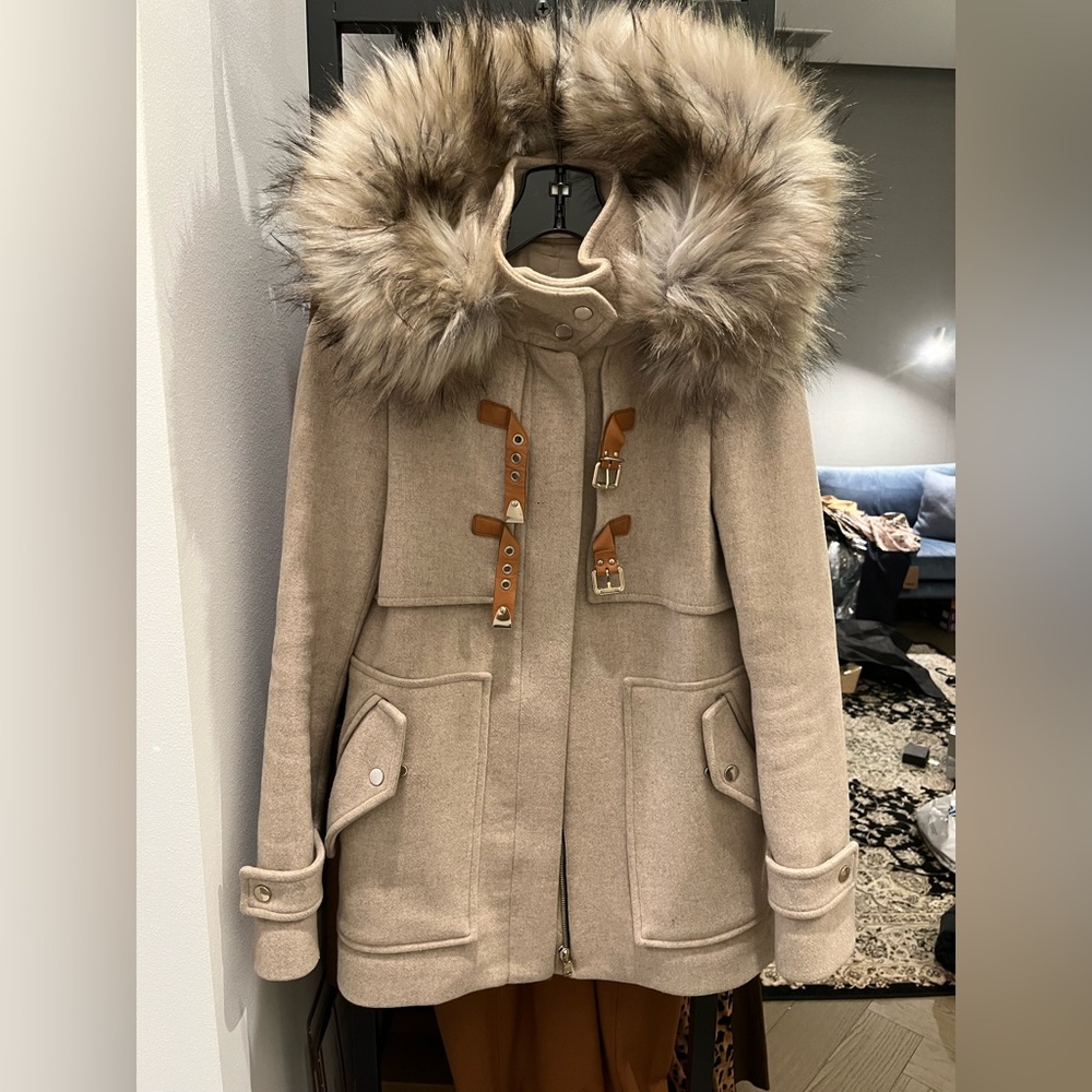 Zara beige wool coat with fluffy faux fox fur hood